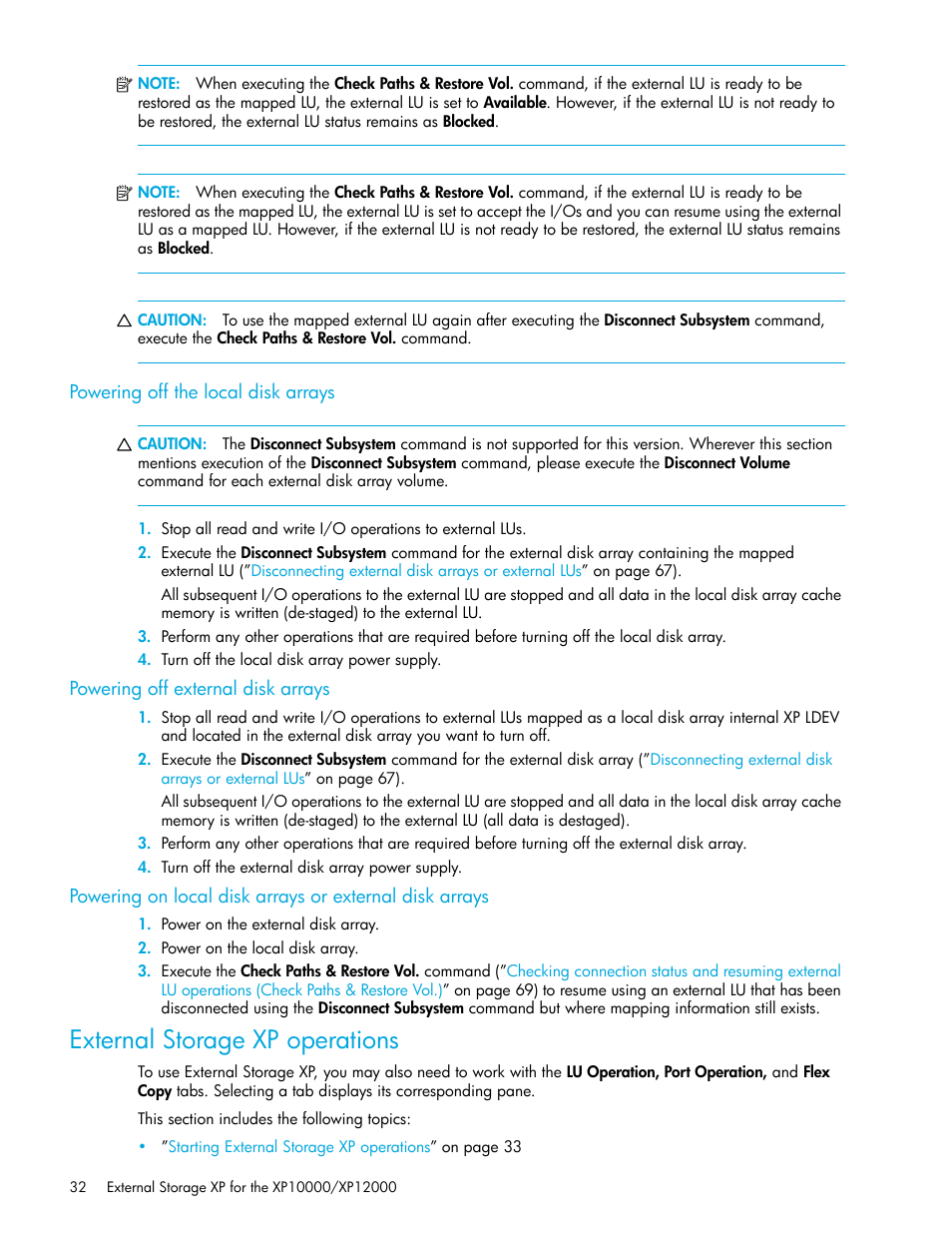 Powering off the local disk arrays, Powering off external disk arrays, External storage xp operations | HP StorageWorks XP Remote Web Console Software User Manual | Page 32 / 106