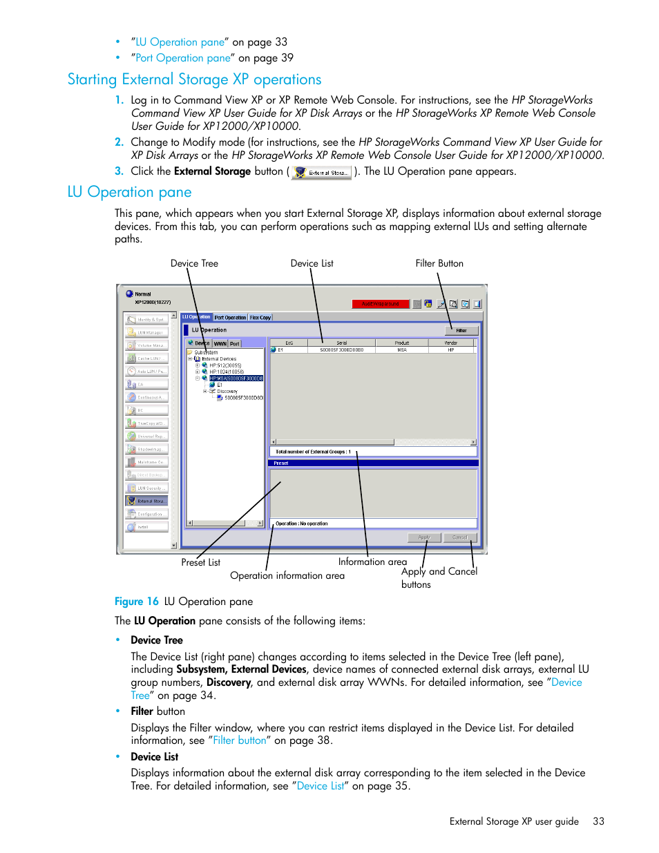 Starting external storage xp operations, Lu operation pane, Figure 16 lu operation pane | 16 lu operation pane | HP StorageWorks XP Remote Web Console Software User Manual | Page 33 / 106
