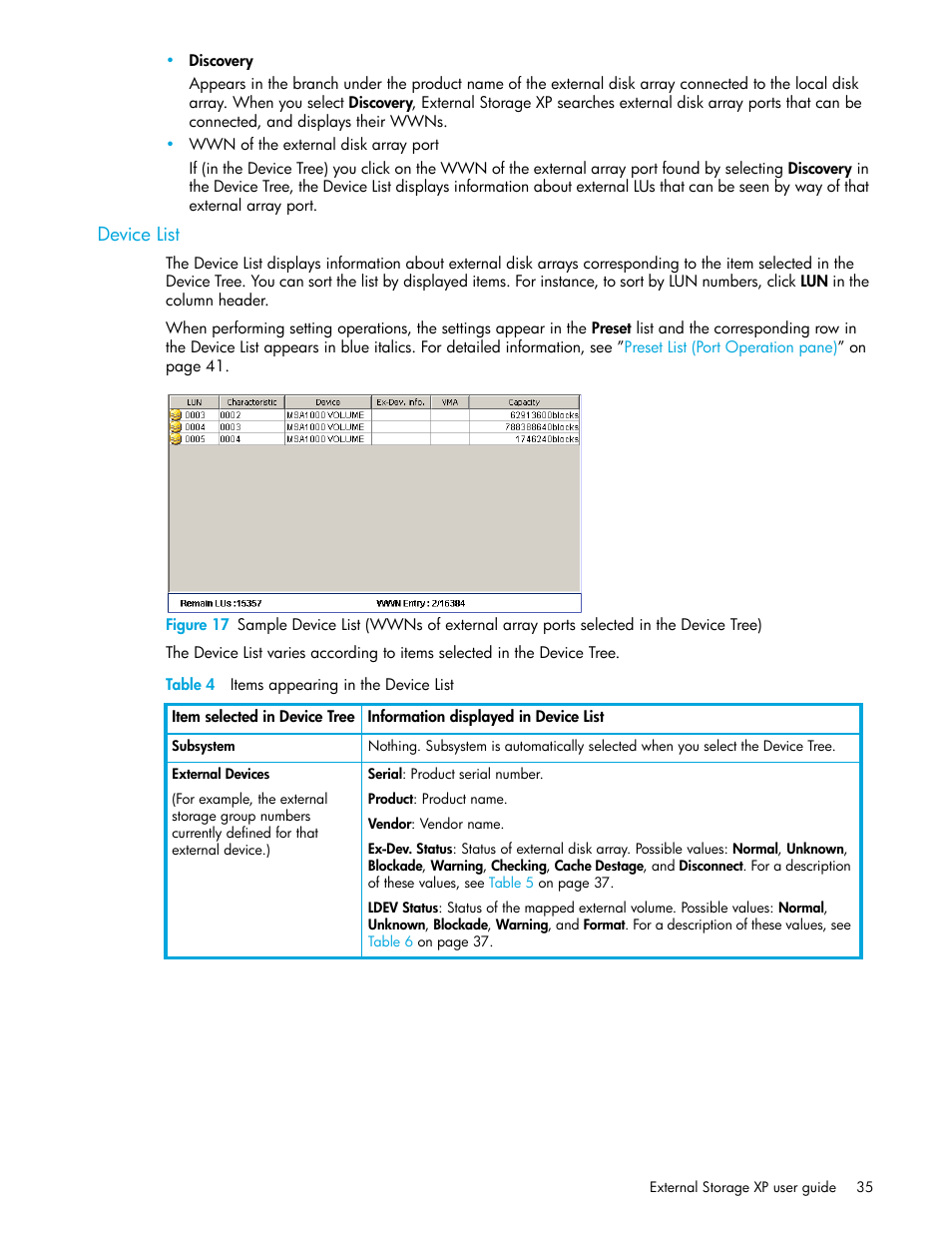 Device list, Table 4 items appearing in the device list, 4 items appearing in the device list | HP StorageWorks XP Remote Web Console Software User Manual | Page 35 / 106