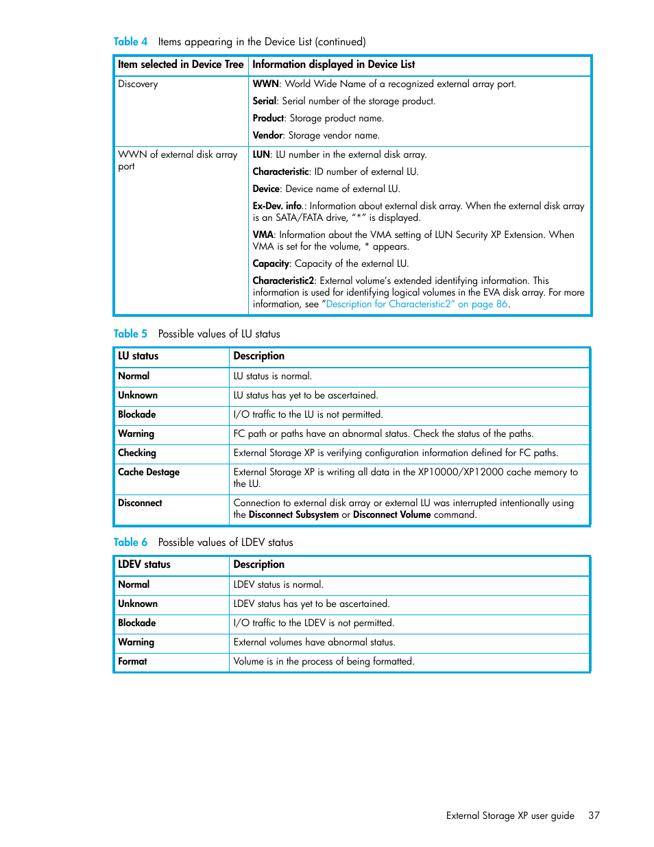 Table 5 possible values of lu status, Table 6 possible values of ldev status, 5 possible values of lu status | 6 possible values of ldev status, Table 5, Table 6 | HP StorageWorks XP Remote Web Console Software User Manual | Page 37 / 106