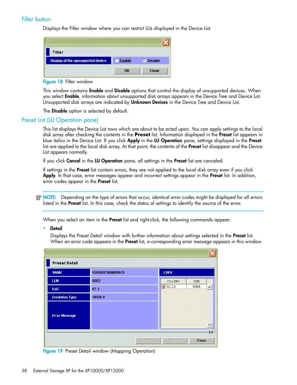 Filter button, Figure 18 filter window, Preset list (lu operation pane) | Figure 19 preset detail window (mapping operation), 18 filter window, 19 preset detail window (mapping operation) | HP StorageWorks XP Remote Web Console Software User Manual | Page 38 / 106