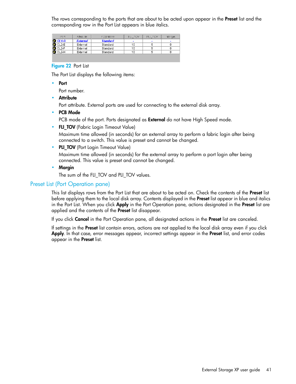 Figure 22 port list, Preset list (port operation pane), 22 port list | HP StorageWorks XP Remote Web Console Software User Manual | Page 41 / 106