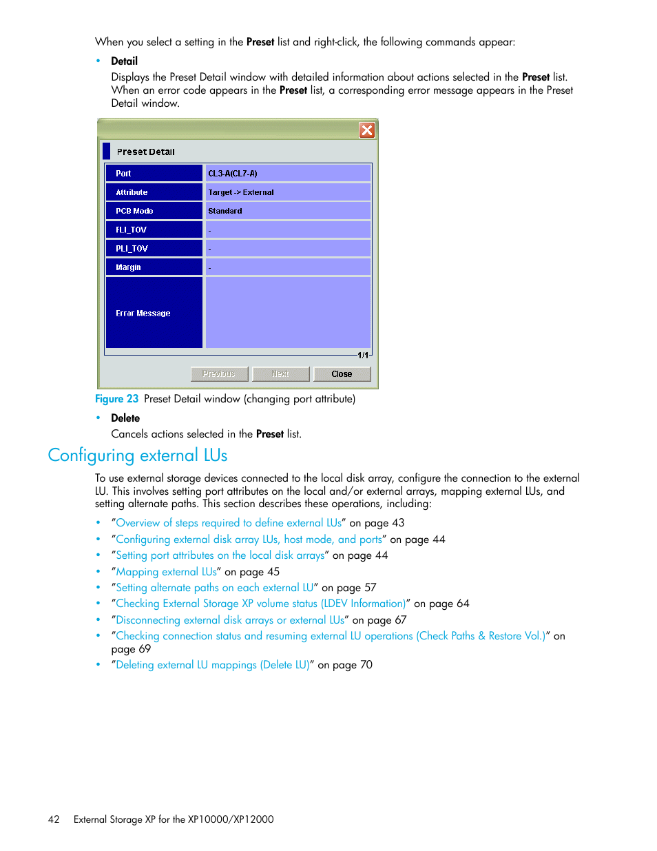 Configuring external lus, 23 preset detail window (changing port attribute) | HP StorageWorks XP Remote Web Console Software User Manual | Page 42 / 106