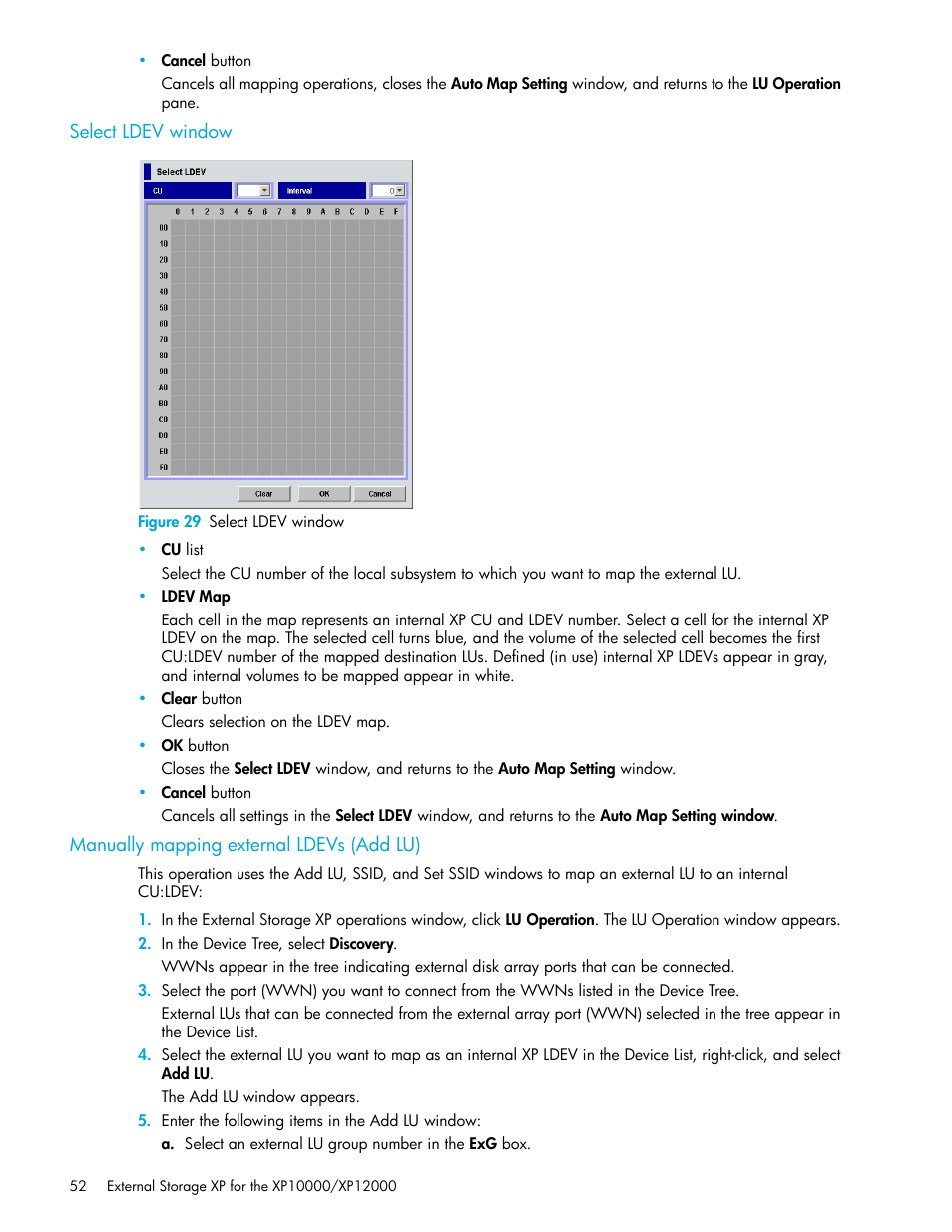 Select ldev window, Figure 29 select ldev window, Manually mapping external ldevs (add lu) | 29 select ldev window, Mmand | HP StorageWorks XP Remote Web Console Software User Manual | Page 52 / 106