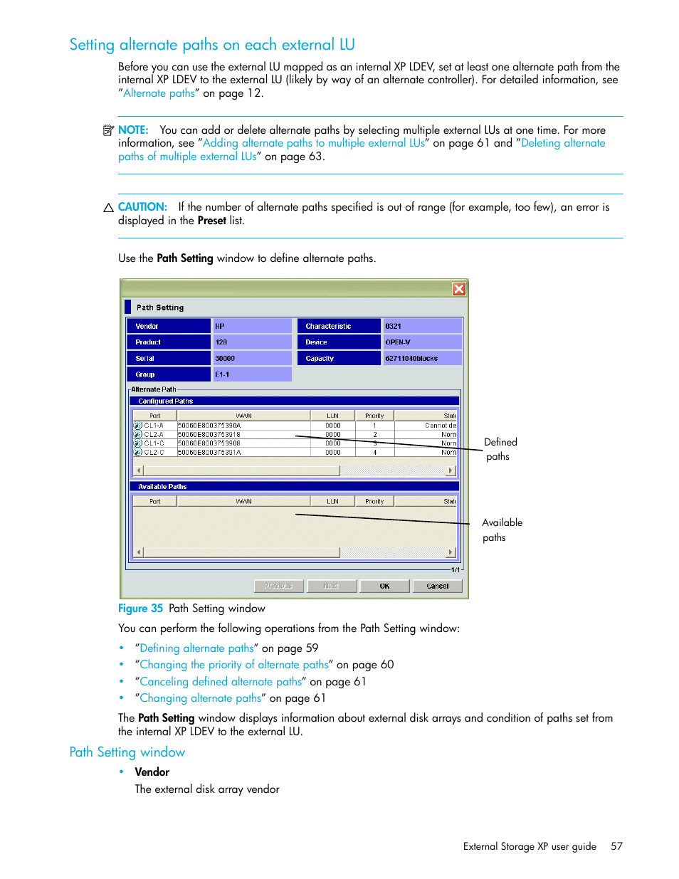 Setting alternate paths on each external lu, Figure 35 path setting window, Path setting window | 35 path setting window | HP StorageWorks XP Remote Web Console Software User Manual | Page 57 / 106