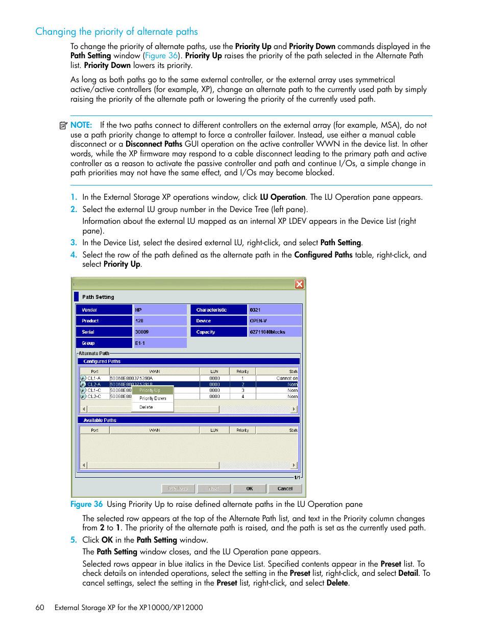 Changing the priority of alternate paths | HP StorageWorks XP Remote Web Console Software User Manual | Page 60 / 106