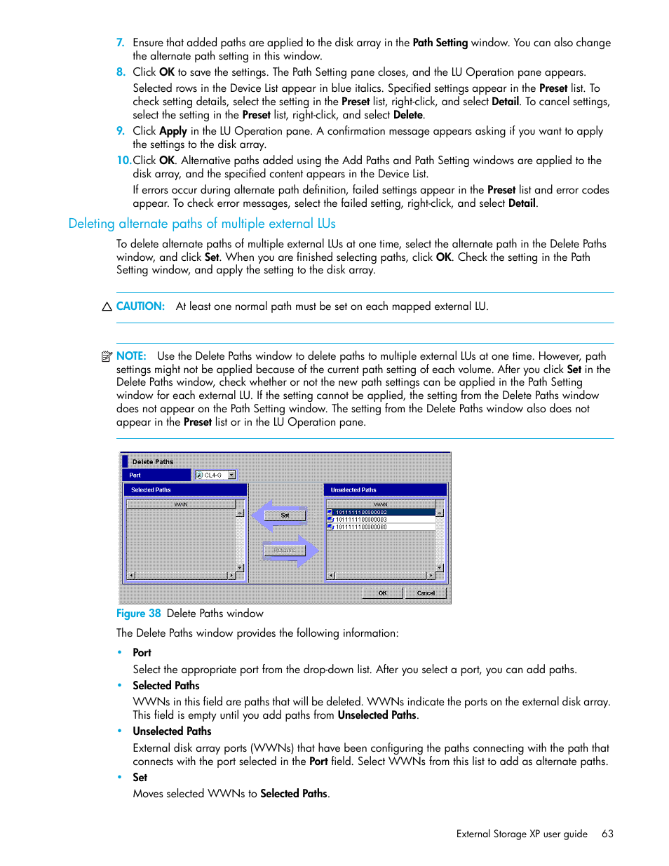 Deleting alternate paths of multiple external lus, Figure 38 delete paths window, 38 delete paths window | Deleting alternate, Paths of multiple external lus | HP StorageWorks XP Remote Web Console Software User Manual | Page 63 / 106