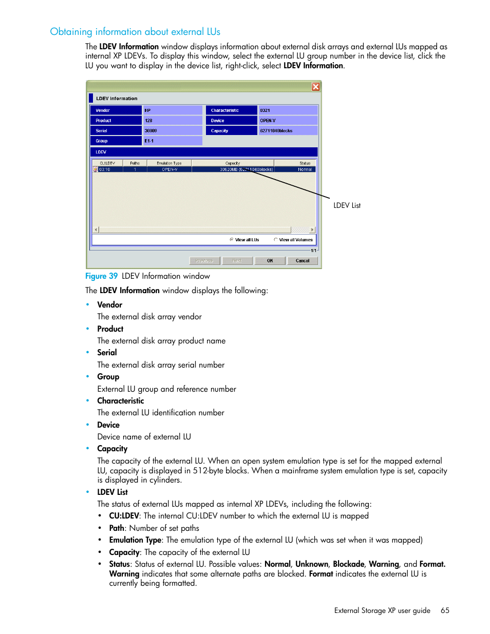 Obtaining information about external lus, Figure 39 ldev information window, 39 ldev information window | HP StorageWorks XP Remote Web Console Software User Manual | Page 65 / 106