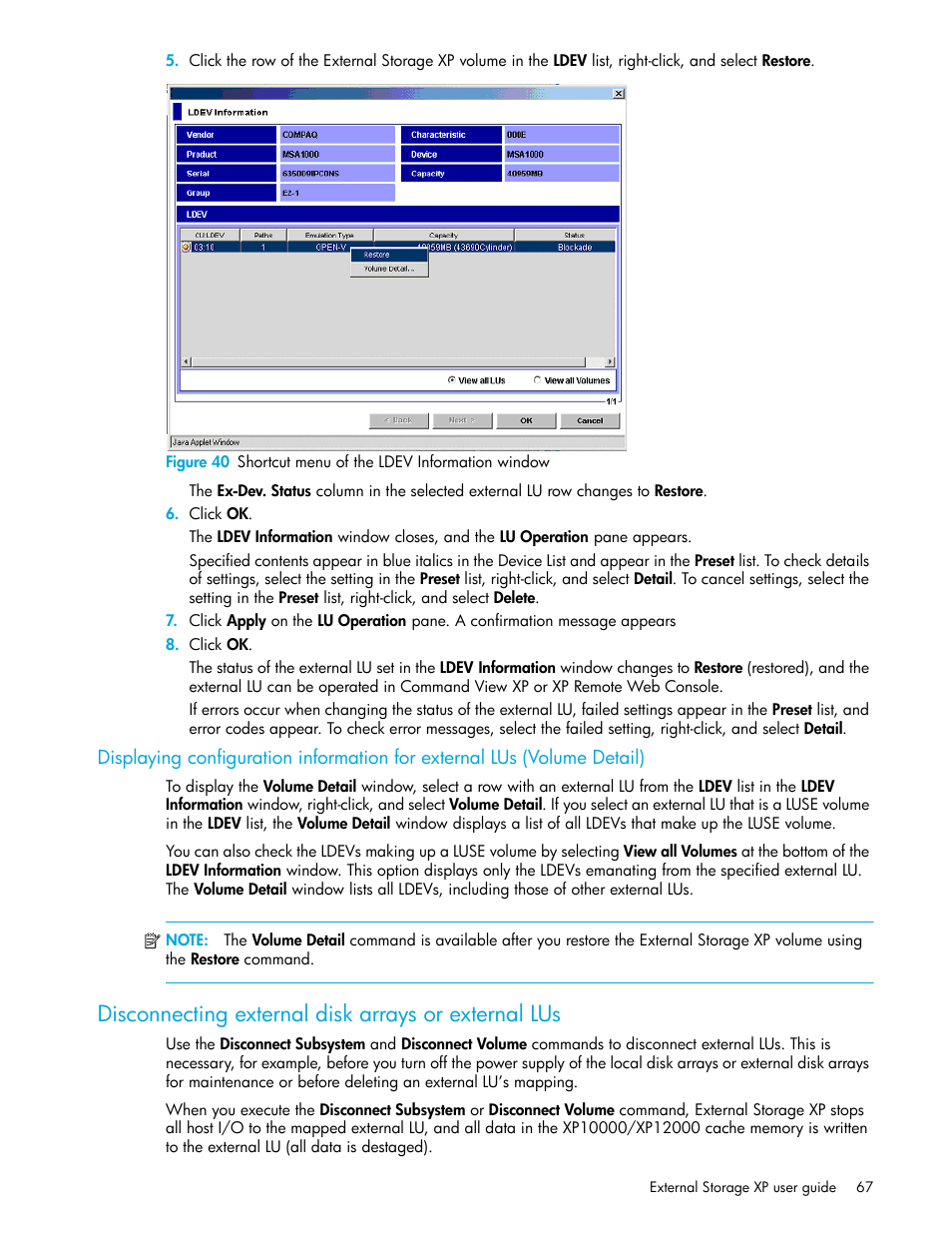 Disconnecting external disk arrays or external lus, 40 shortcut menu of the ldev information window, Disconnecting external disk | Arrays or external lus | HP StorageWorks XP Remote Web Console Software User Manual | Page 67 / 106