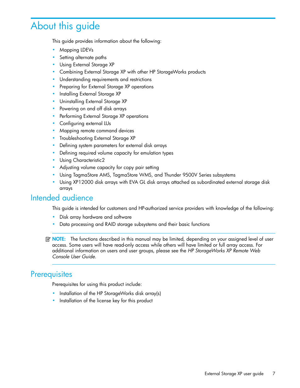 About this guide, Intended audience, Prerequisites | HP StorageWorks XP Remote Web Console Software User Manual | Page 7 / 106