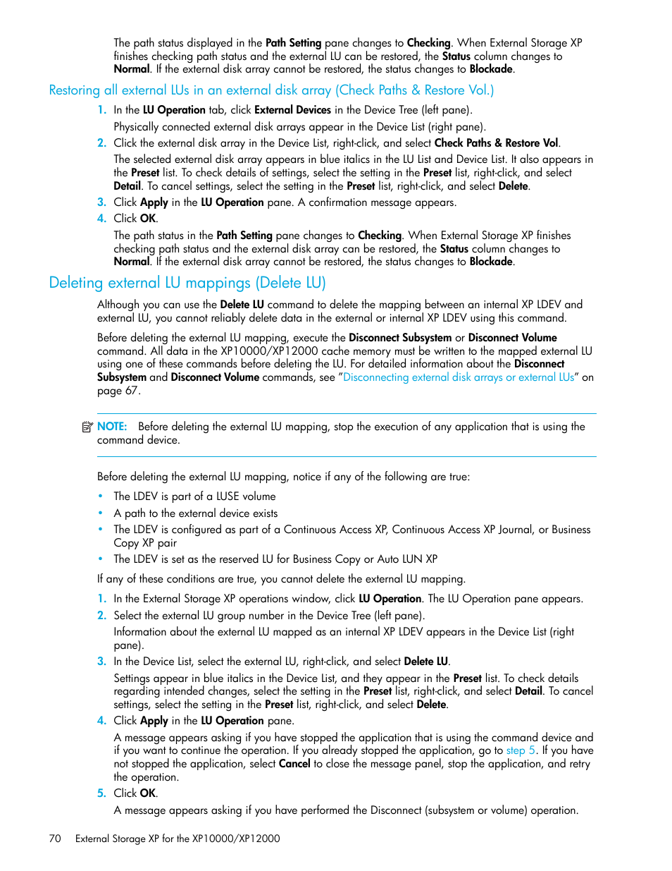 Deleting external lu mappings (delete lu) | HP StorageWorks XP Remote Web Console Software User Manual | Page 70 / 106