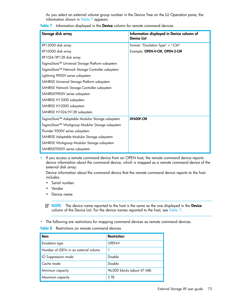 Table 8 restrictions on remote command devices, 7 information displayed in the, 8 restrictions on remote command devices | HP StorageWorks XP Remote Web Console Software User Manual | Page 73 / 106