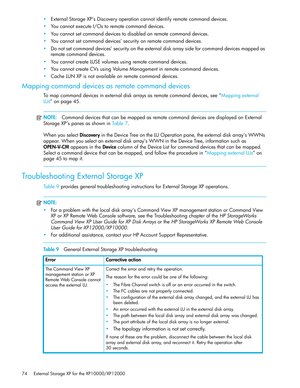 Mapping command devices as remote command devices, Troubleshooting external storage xp, 9 general external storage xp troubleshooting | HP StorageWorks XP Remote Web Console Software User Manual | Page 74 / 106