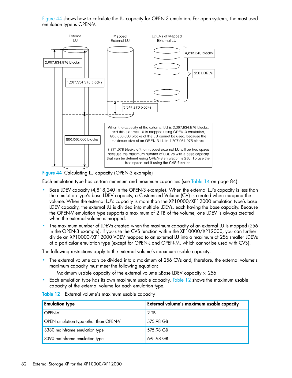 Figure 44 calculating lu capacity (open-3 example), Table 12 external volume’s maximum usable capacity, 44 calculating lu capacity (open-3 example) | 12 external volume’s maximum usable capacity | HP StorageWorks XP Remote Web Console Software User Manual | Page 82 / 106