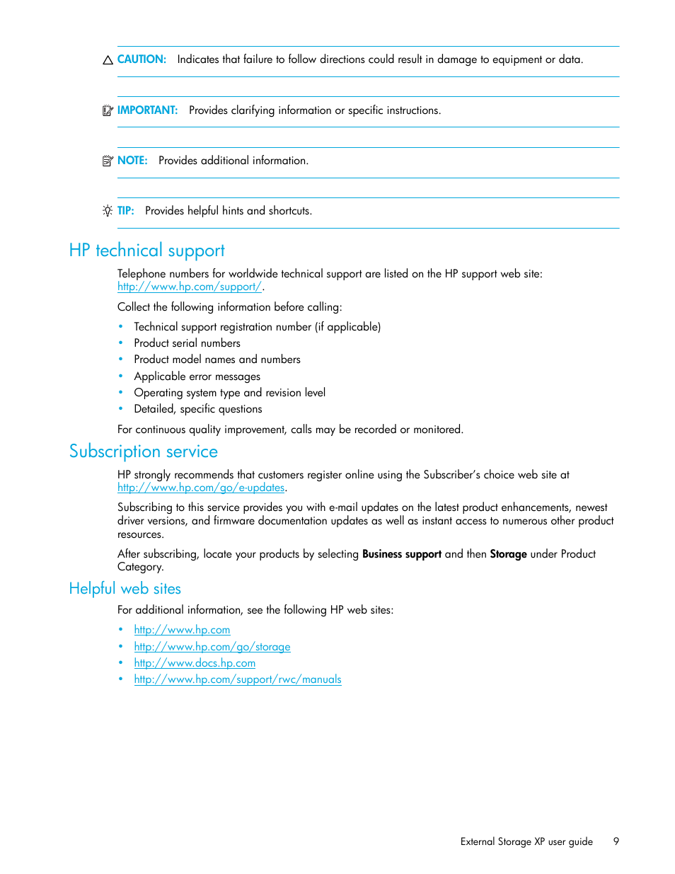Hp technical support, Subscription service, Helpful web sites | HP StorageWorks XP Remote Web Console Software User Manual | Page 9 / 106