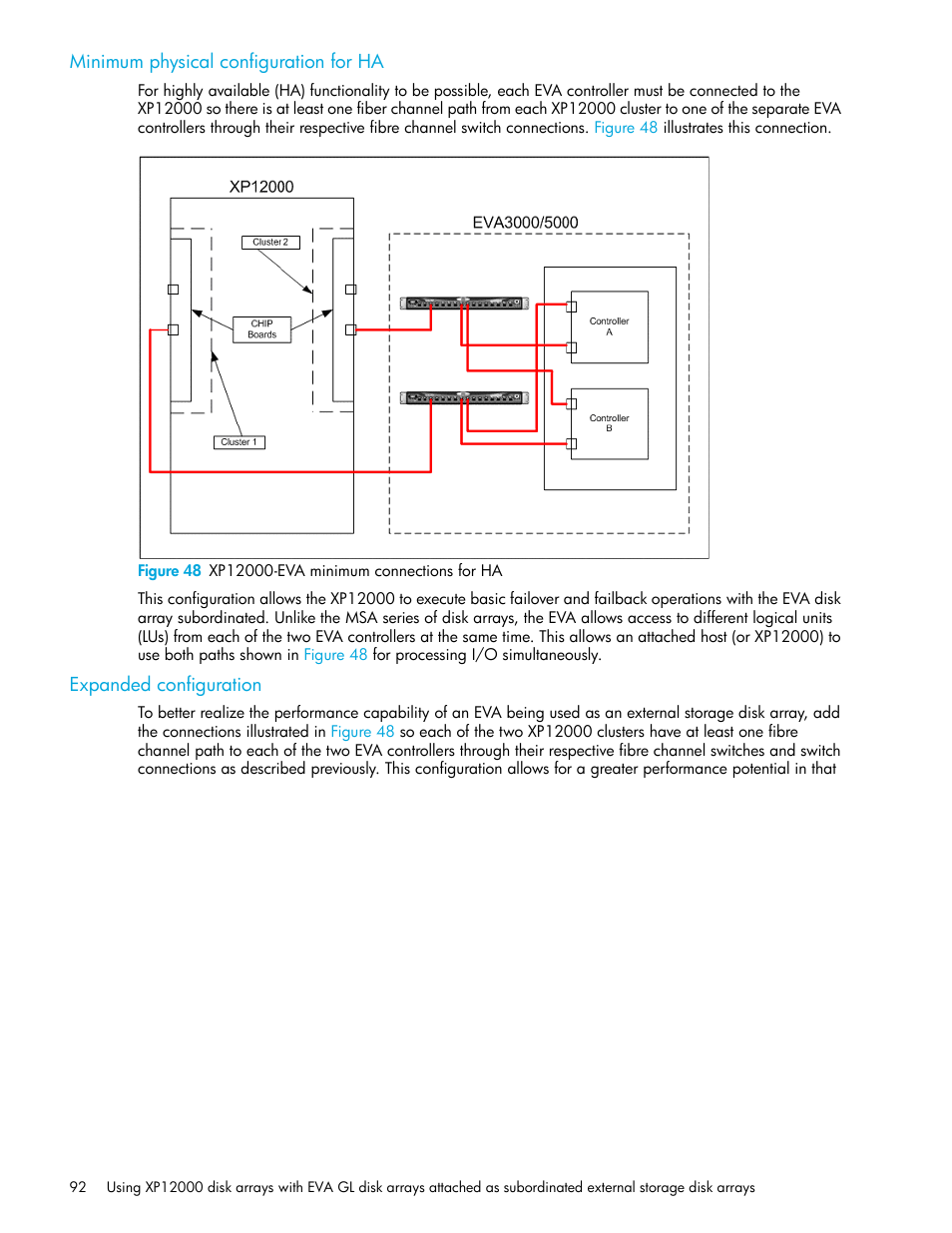 Minimum physical configuration for ha, Figure 48 xp12000-eva minimum connections for ha, Expanded configuration | 48 xp12000-eva minimum connections for ha | HP StorageWorks XP Remote Web Console Software User Manual | Page 92 / 106