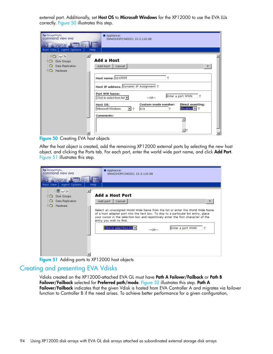 Figure 50 creating eva host objects, Figure 51 adding ports to xp12000 host objects, Creating and presenting eva vdisks | 50 creating eva host objects, 51 adding ports to xp12000 host objects | HP StorageWorks XP Remote Web Console Software User Manual | Page 94 / 106