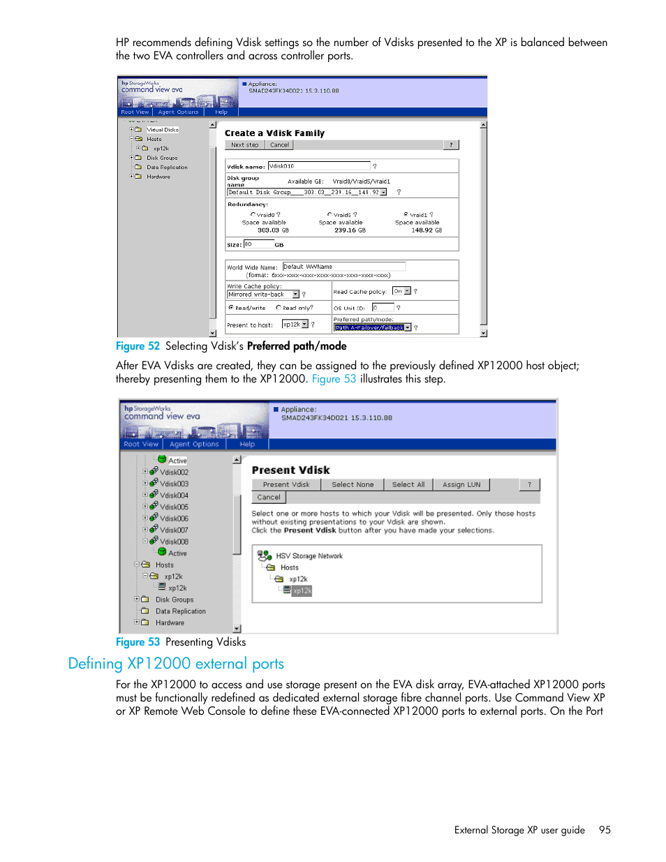 Figure 52 selecting vdisk’s preferred path/mode, Figure 53 presenting vdisks, Defining xp12000 external ports | 52 selecting vdisk’s, 53 presenting vdisks, Figure 52 | HP StorageWorks XP Remote Web Console Software User Manual | Page 95 / 106