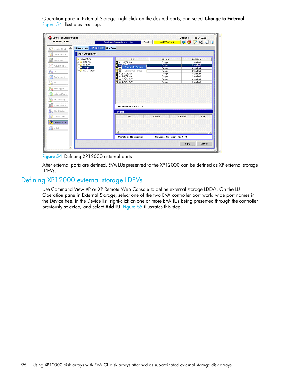 Figure 54 defining xp12000 external ports, Defining xp12000 external storage ldevs, 54 defining xp12000 external ports | HP StorageWorks XP Remote Web Console Software User Manual | Page 96 / 106