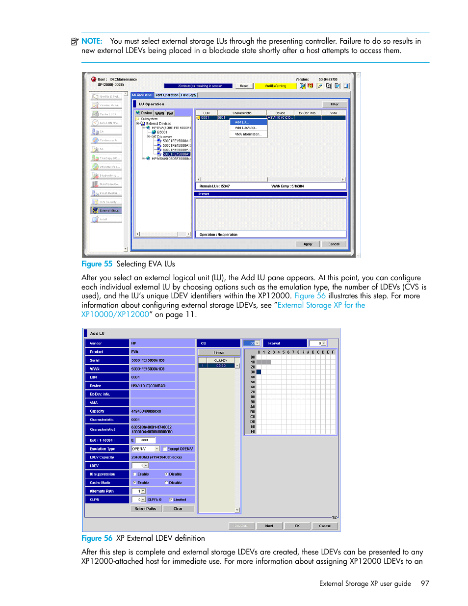 Figure 55 selecting eva lus, Figure 56 xp external ldev definition, 55 selecting eva lus | 56 xp external ldev definition, Figure 55 | HP StorageWorks XP Remote Web Console Software User Manual | Page 97 / 106