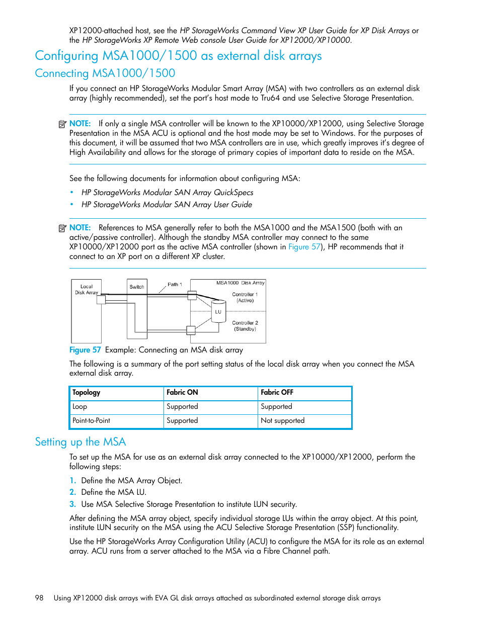 Configuring msa1000/1500 as external disk arrays, Connecting msa1000/1500, Figure 57 example: connecting an msa disk array | Setting up the msa, 57 example: connecting an msa disk array, Configuring msa1000/1500 as, External disk arrays | HP StorageWorks XP Remote Web Console Software User Manual | Page 98 / 106