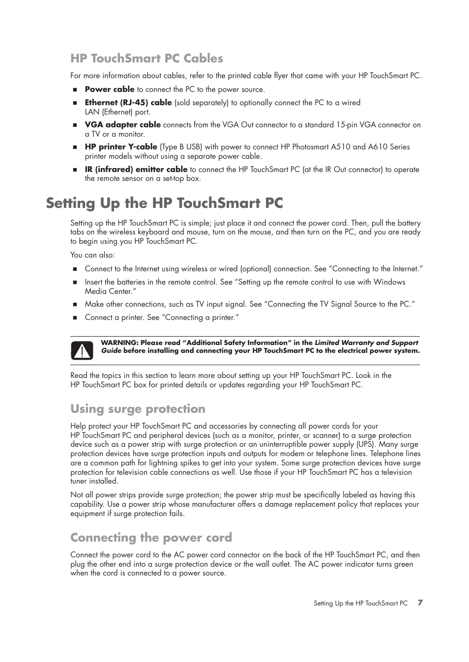 Hp touchsmart pc cables, Setting up the hp touchsmart pc, Using surge protection | Connecting the power cord, Using surge protection connecting the power cord | HP TouchSmart IQ775 Desktop PC User Manual | Page 11 / 64