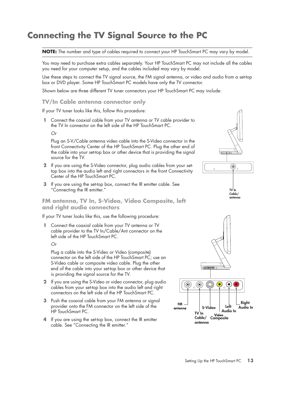 Connecting the tv signal source to the pc | HP TouchSmart IQ775 Desktop PC User Manual | Page 17 / 64