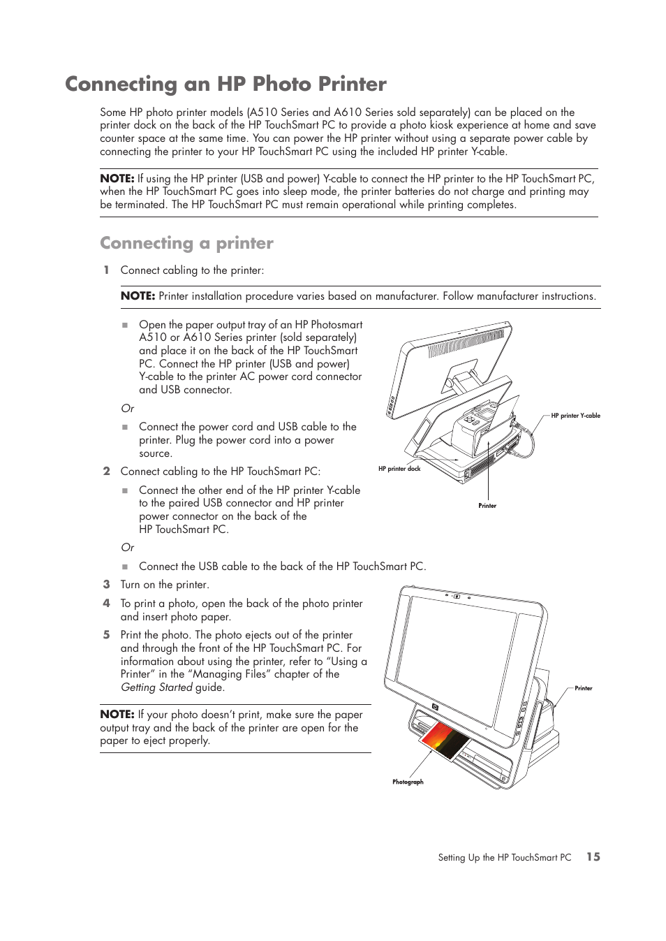 Connecting an hp photo printer, Connecting a printer, See “connecting a printer | HP TouchSmart IQ775 Desktop PC User Manual | Page 19 / 64