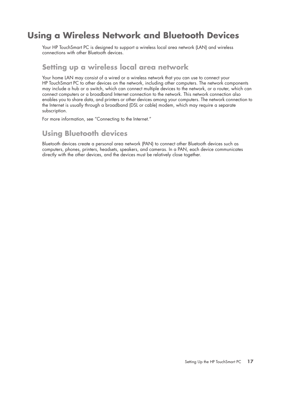 Using a wireless network and bluetooth devices, Setting up a wireless local area network, Using bluetooth devices | HP TouchSmart IQ775 Desktop PC User Manual | Page 21 / 64