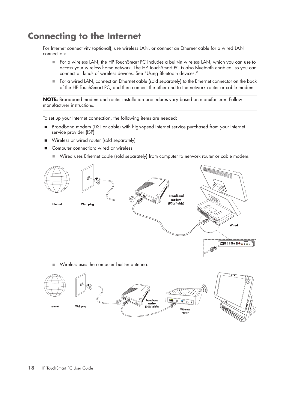 Connecting to the internet, Ional) connection. see “connecting to the internet | HP TouchSmart IQ775 Desktop PC User Manual | Page 22 / 64