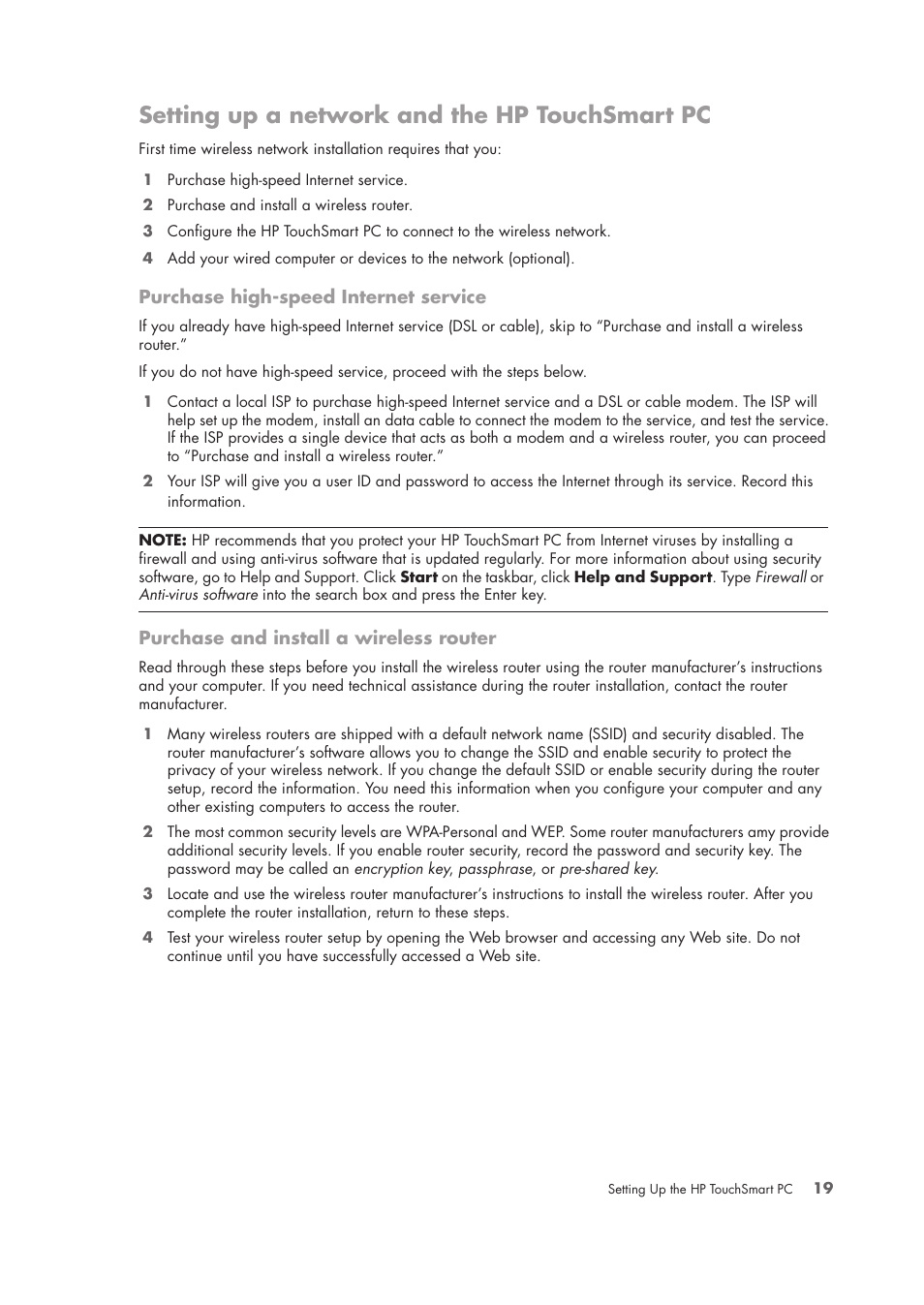 Setting up a network and the hp touchsmart pc | HP TouchSmart IQ775 Desktop PC User Manual | Page 23 / 64
