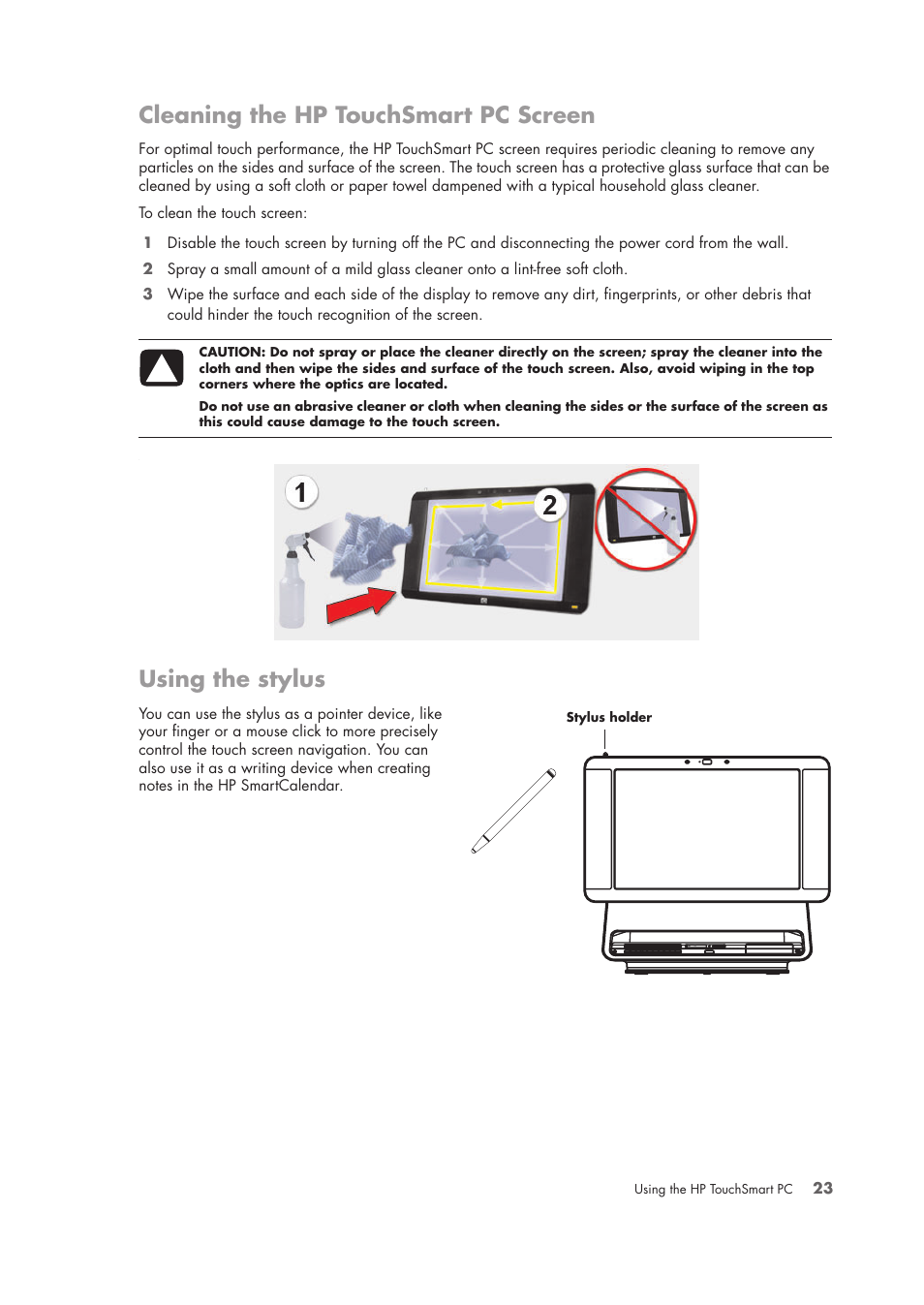 Cleaning the hp touchsmart pc screen, Using the stylus | HP TouchSmart IQ775 Desktop PC User Manual | Page 27 / 64