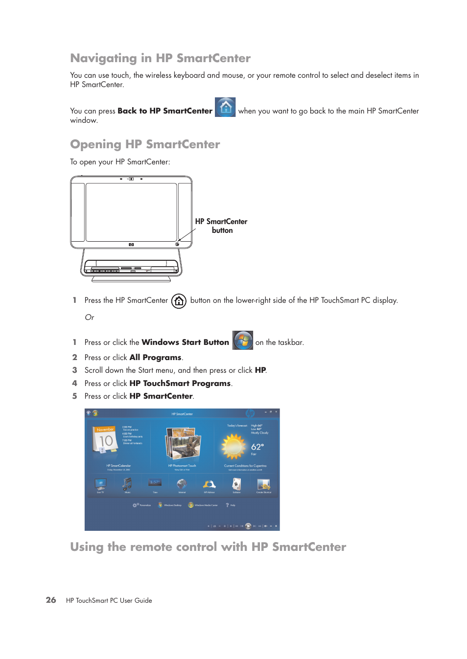Navigating in hp smartcenter, Opening hp smartcenter, Using the remote control with hp smartcenter | HP TouchSmart IQ775 Desktop PC User Manual | Page 30 / 64