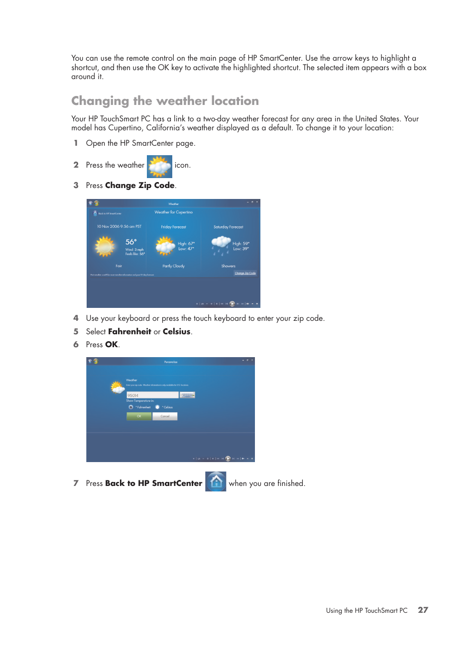 Changing the weather location | HP TouchSmart IQ775 Desktop PC User Manual | Page 31 / 64