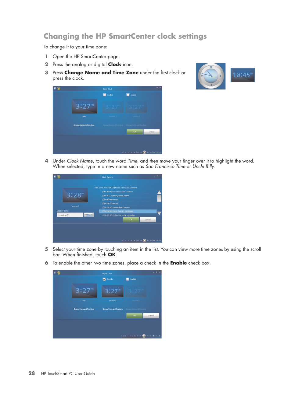 Changing the hp smartcenter clock settings | HP TouchSmart IQ775 Desktop PC User Manual | Page 32 / 64
