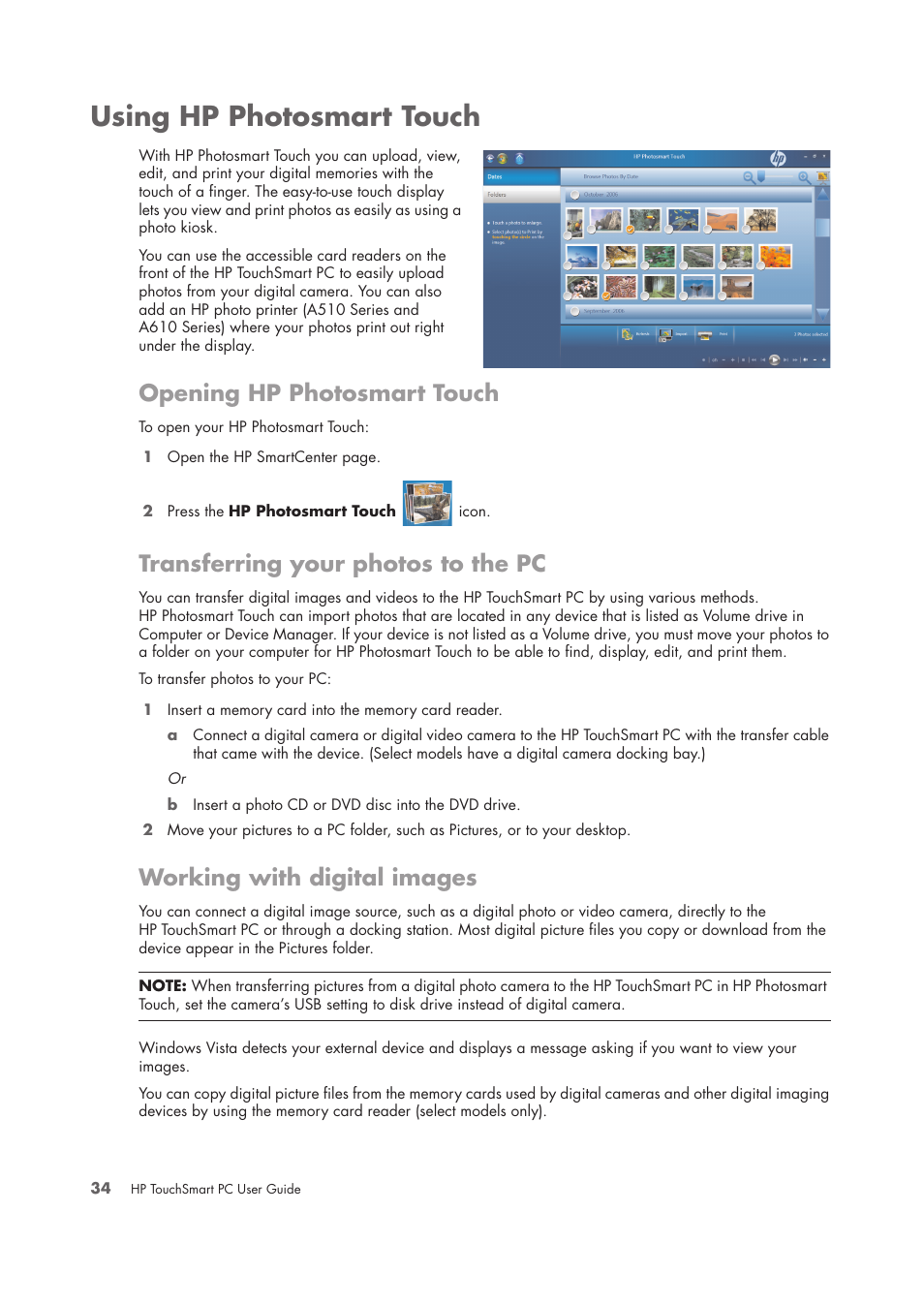 Using hp photosmart touch, Opening hp photosmart touch, Transferring your photos to the pc | Working with digital images | HP TouchSmart IQ775 Desktop PC User Manual | Page 38 / 64
