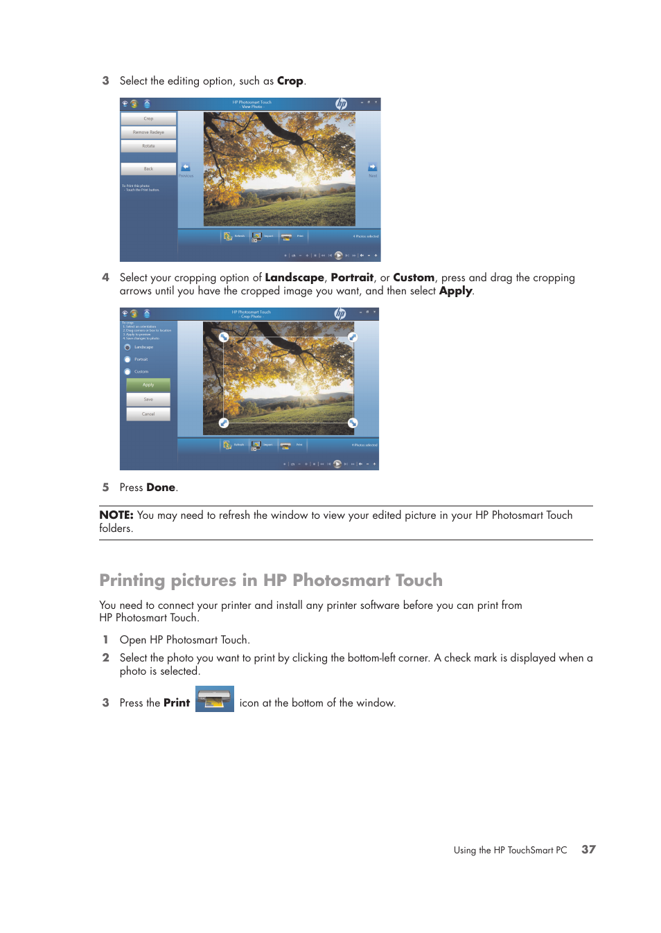 Printing pictures in hp photosmart touch | HP TouchSmart IQ775 Desktop PC User Manual | Page 41 / 64