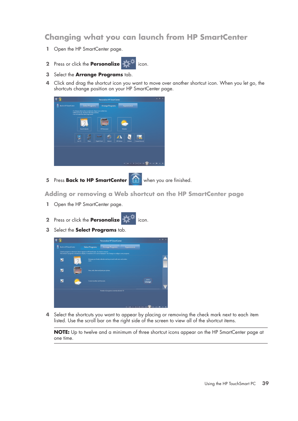 Changing what you can launch from hp smartcenter | HP TouchSmart IQ775 Desktop PC User Manual | Page 43 / 64