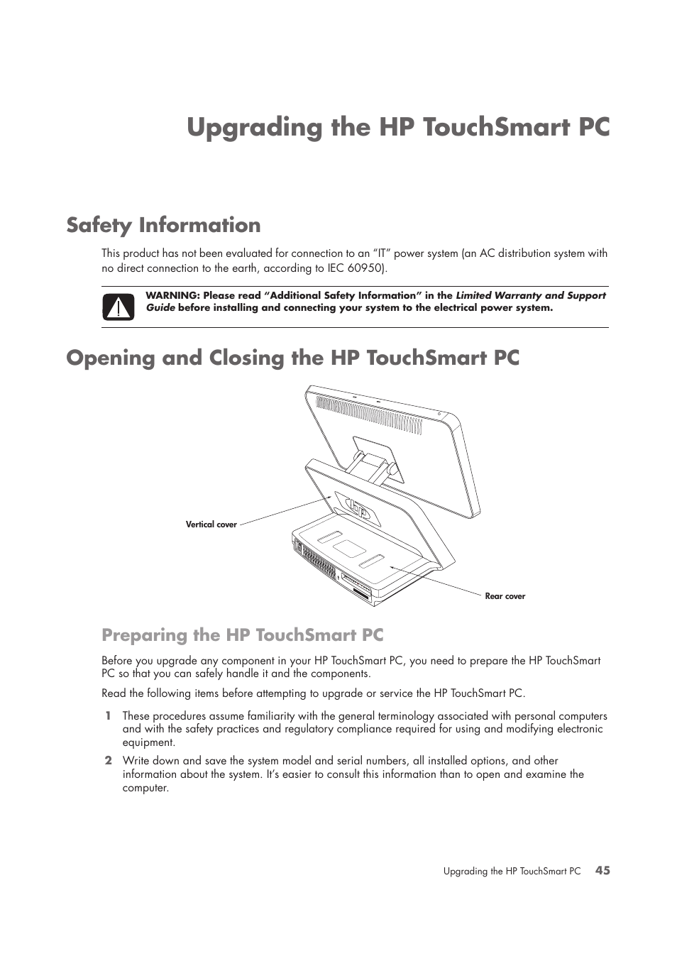 Upgrading the hp touchsmart pc, Safety information, Opening and closing the hp touchsmart pc | Preparing the hp touchsmart pc | HP TouchSmart IQ775 Desktop PC User Manual | Page 49 / 64