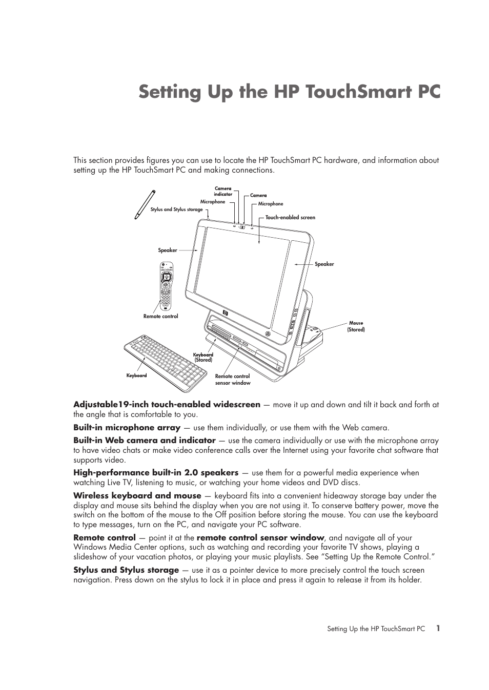 Setting up the hp touchsmart pc | HP TouchSmart IQ775 Desktop PC User Manual | Page 5 / 64