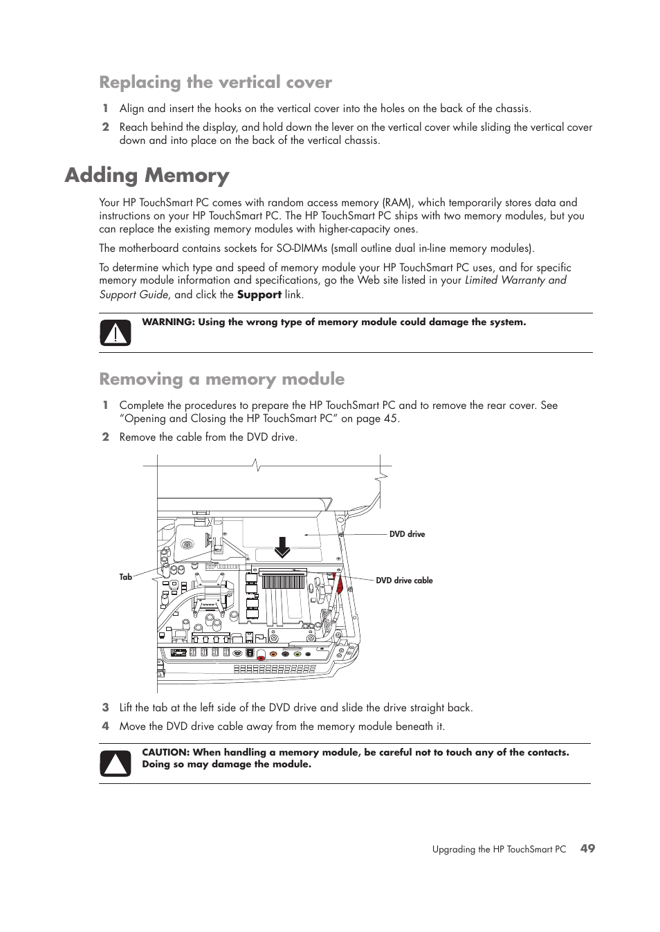 Replacing the vertical cover, Adding memory, Removing a memory module | HP TouchSmart IQ775 Desktop PC User Manual | Page 53 / 64