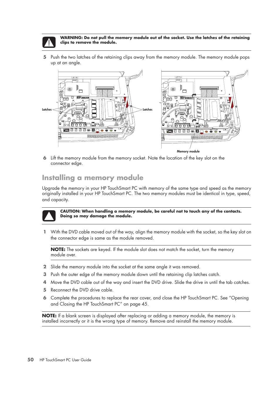 Installing a memory module | HP TouchSmart IQ775 Desktop PC User Manual | Page 54 / 64
