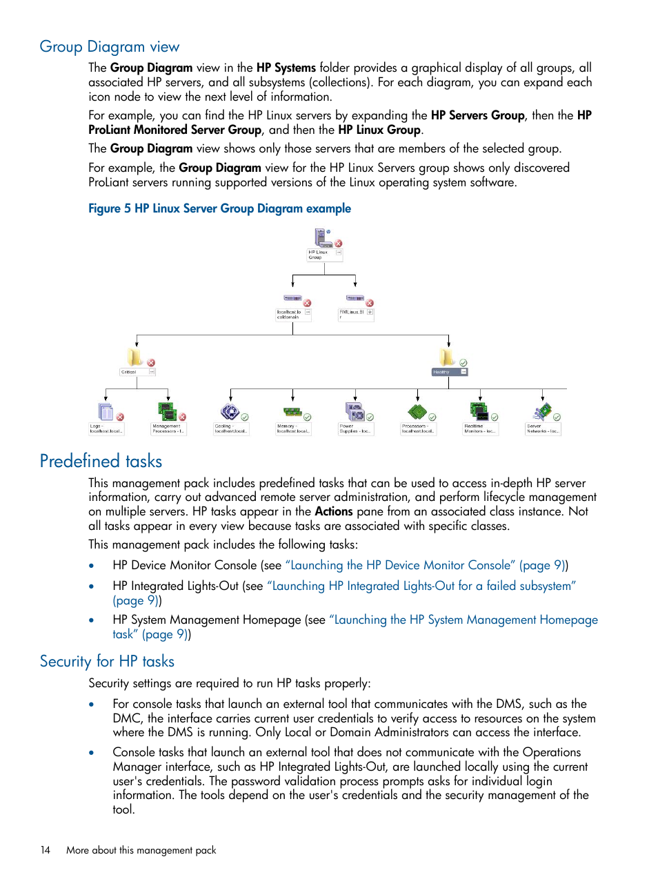 Group diagram view, Predefined tasks, Security for hp tasks | HP OneView for Microsoft System Center User Manual | Page 14 / 32