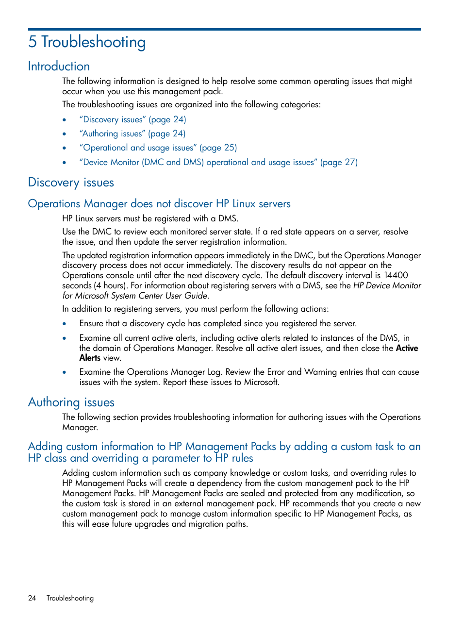 5 troubleshooting, Introduction, Discovery issues | Authoring issues, Introduction discovery issues | HP OneView for Microsoft System Center User Manual | Page 24 / 32