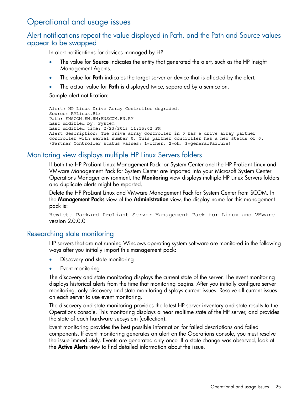 Operational and usage issues, Researching state monitoring | HP OneView for Microsoft System Center User Manual | Page 25 / 32