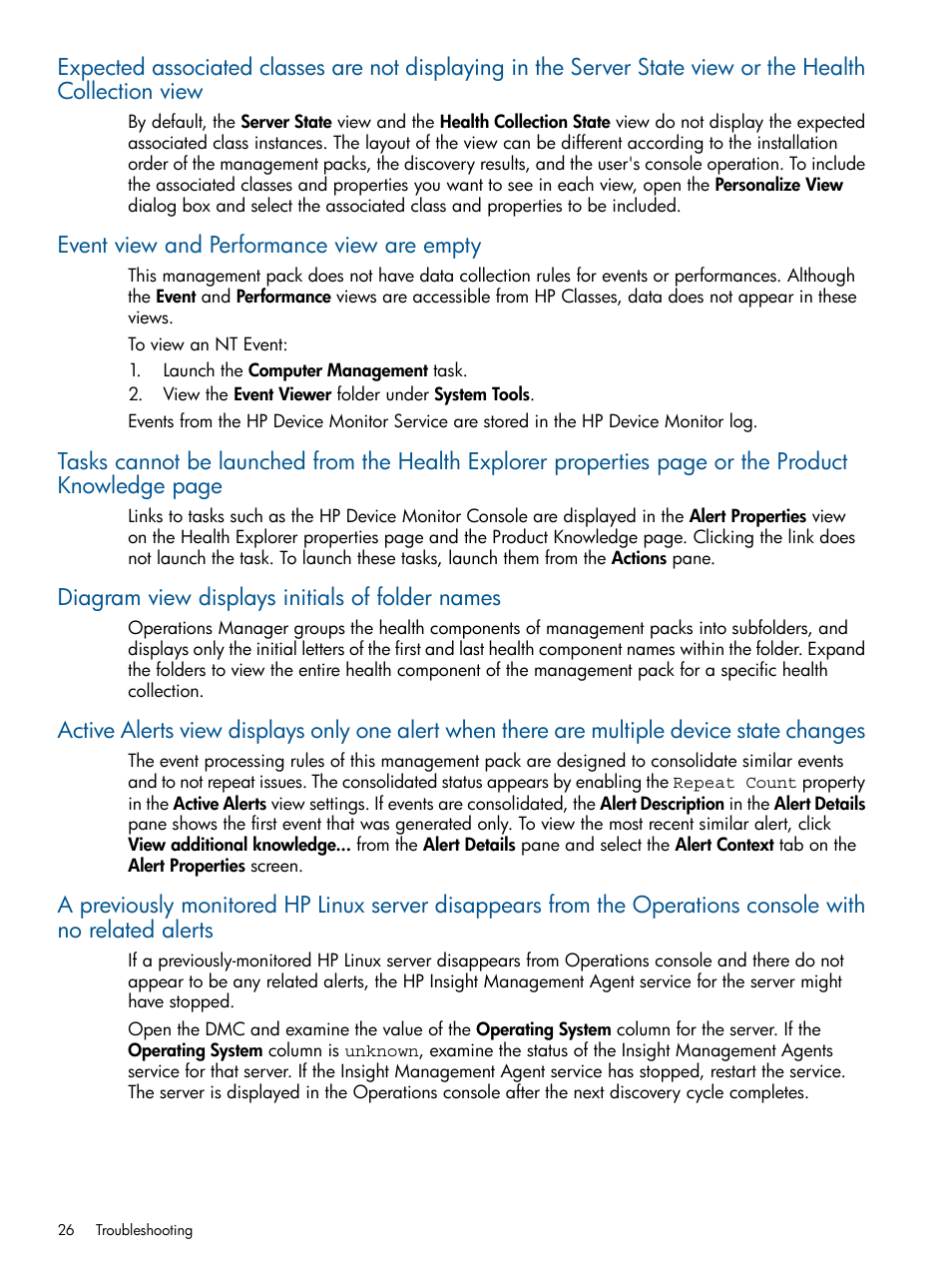 Event view and performance view are empty, Diagram view displays initials of folder names | HP OneView for Microsoft System Center User Manual | Page 26 / 32