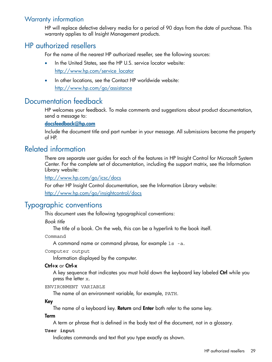 Warranty information, Hp authorized resellers, Documentation feedback | Related information, Typographic conventions | HP OneView for Microsoft System Center User Manual | Page 29 / 32