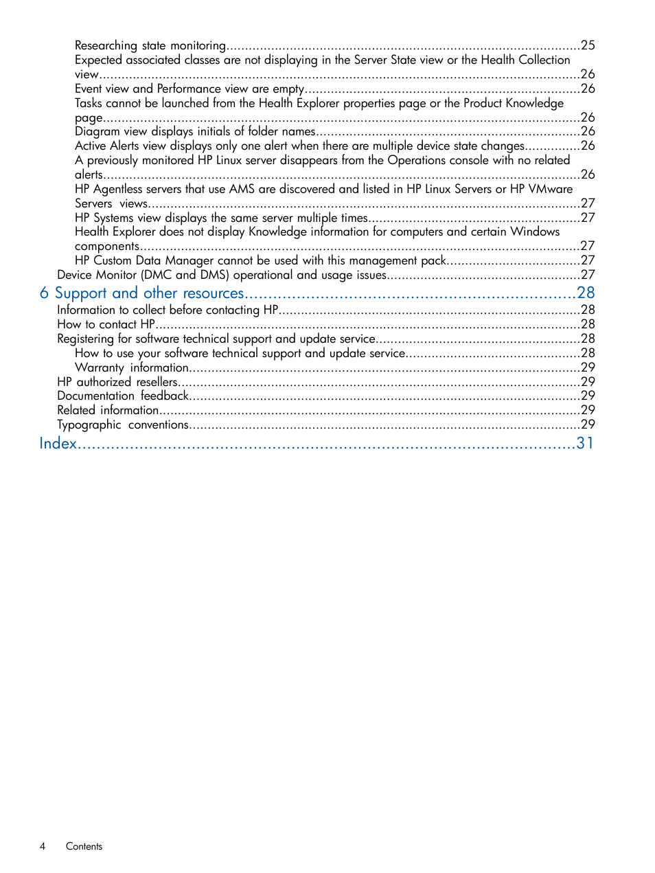 6 support and other resources, Index | HP OneView for Microsoft System Center User Manual | Page 4 / 32