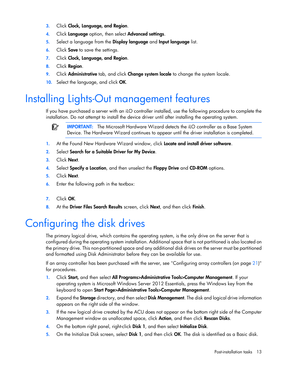 Installing lights-out management features, Configuring the disk drives | HP ProLiant DL360 G4 Server User Manual | Page 13 / 27