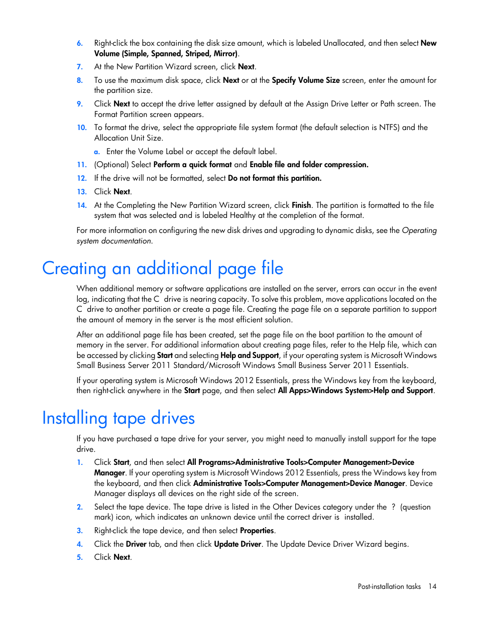 Installing tape drives, Creating an additional page file | HP ProLiant DL360 G4 Server User Manual | Page 14 / 27